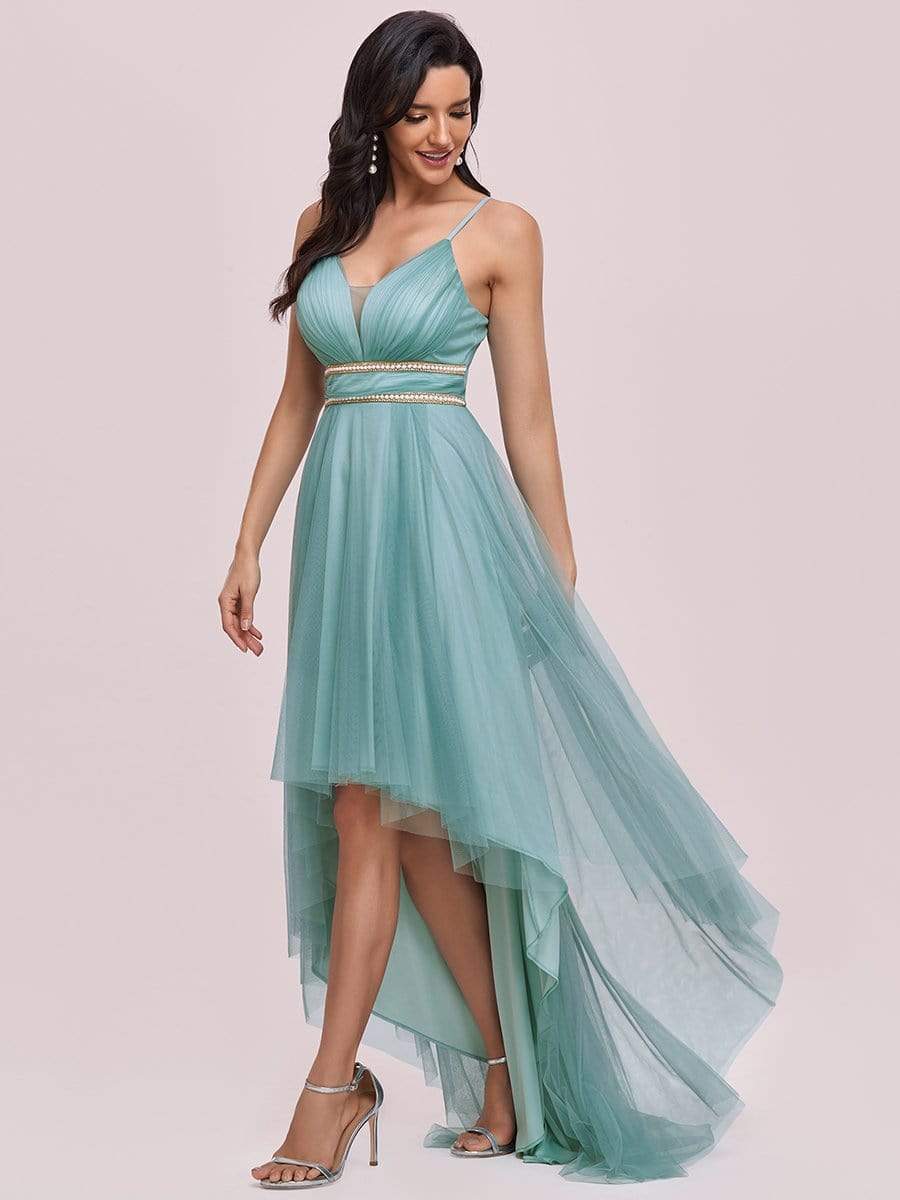 Stylish High-Low Tulle Prom Dress with Beaded Belt #color_Light Teal