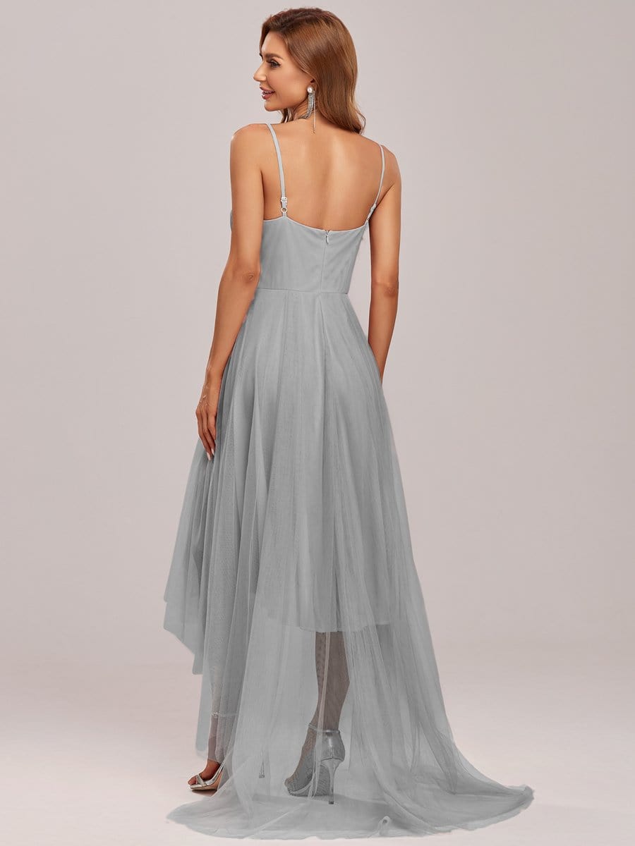 Stylish High-Low Tulle Prom Dress with Beaded Belt #color_Grey