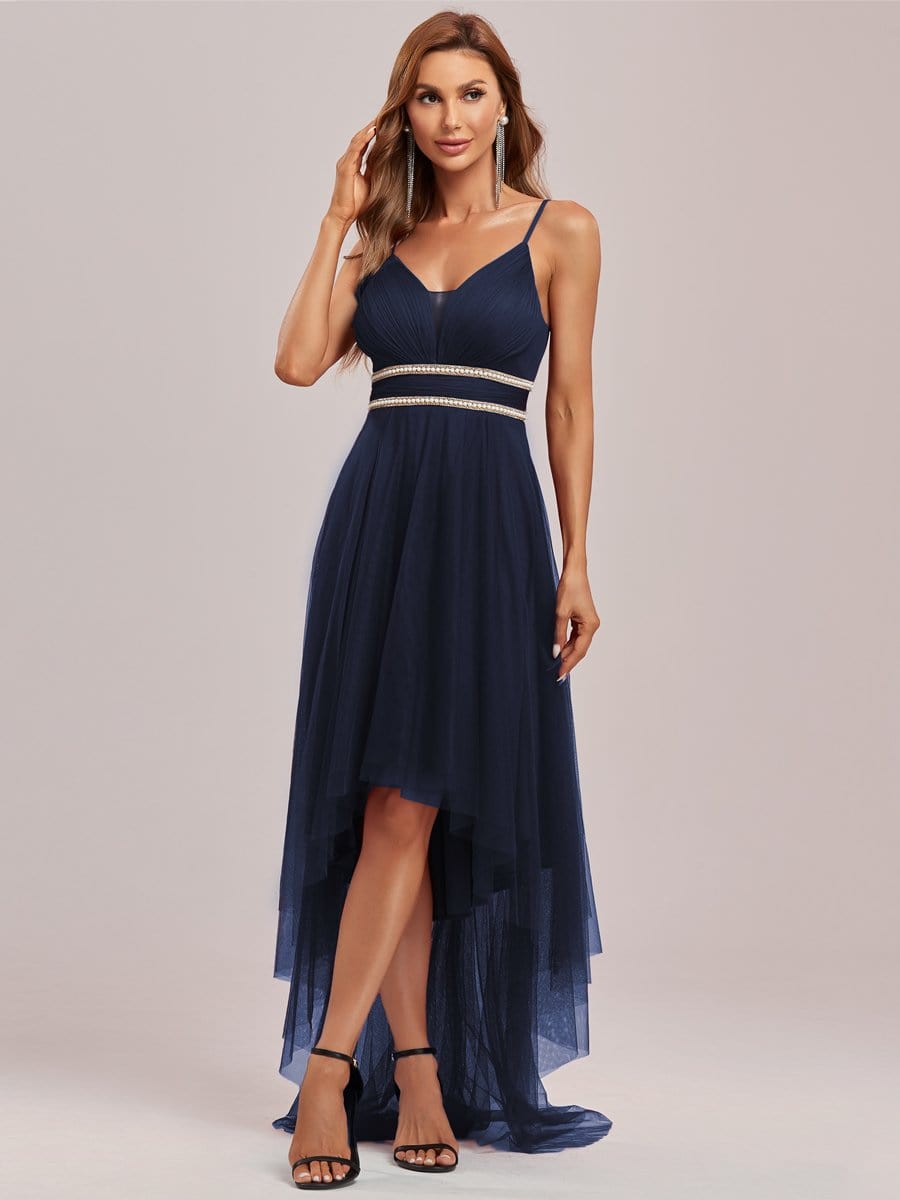 Stylish High-Low Tulle Prom Dress with Beaded Belt #color_Navy Blue