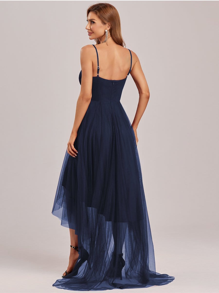 Stylish High-Low Tulle Prom Dress with Beaded Belt #color_Navy Blue