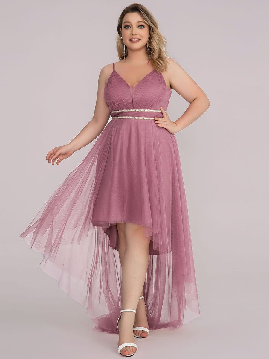 Plus Size Stylish High-Low Tulle Prom Dress with Beaded Belt #color_Purple Orchid