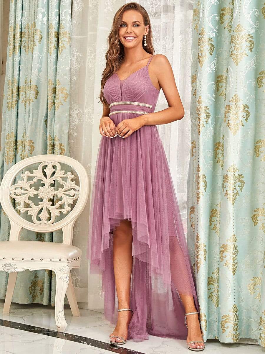 Stylish High-Low Tulle Prom Dress with Beaded Belt #color_Purple Orchid