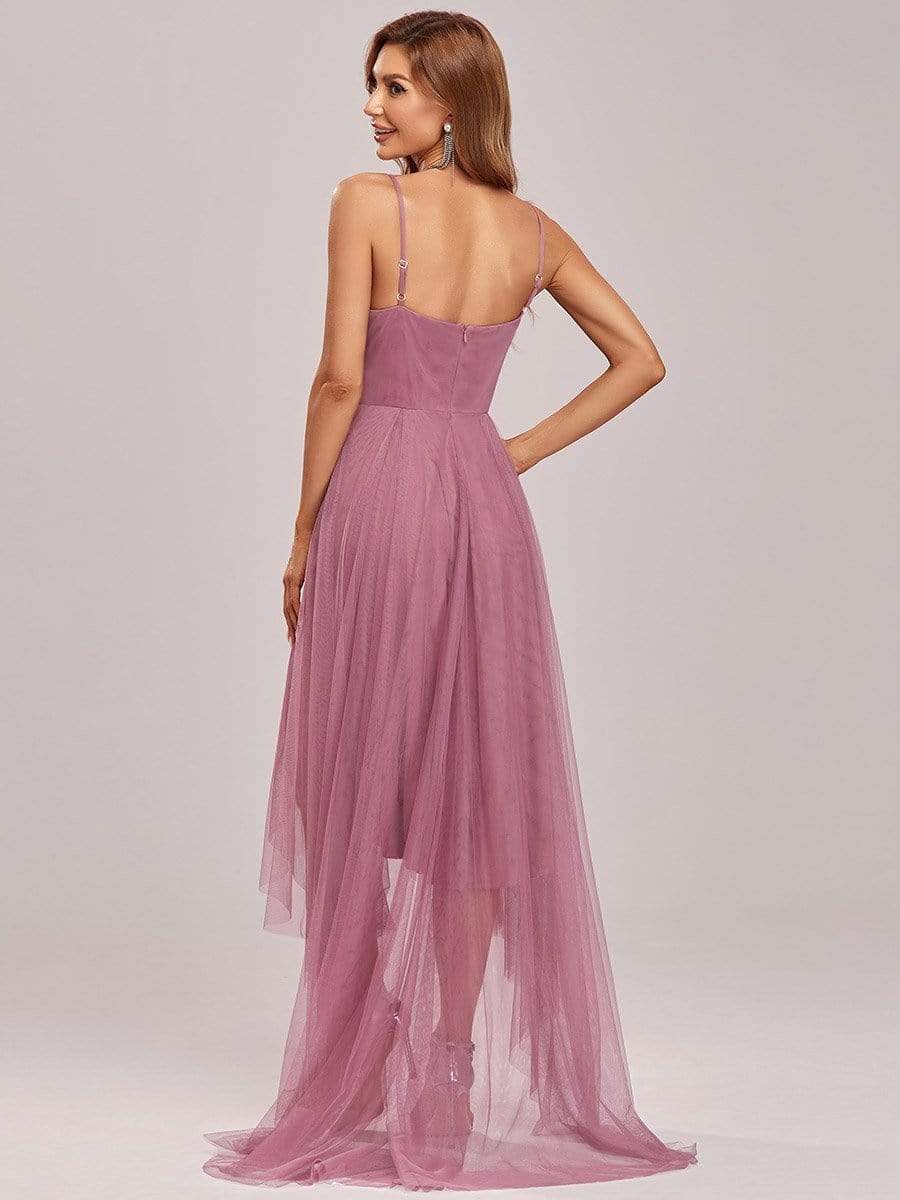 Stylish High-Low Tulle Prom Dress with Beaded Belt #color_Purple Orchid