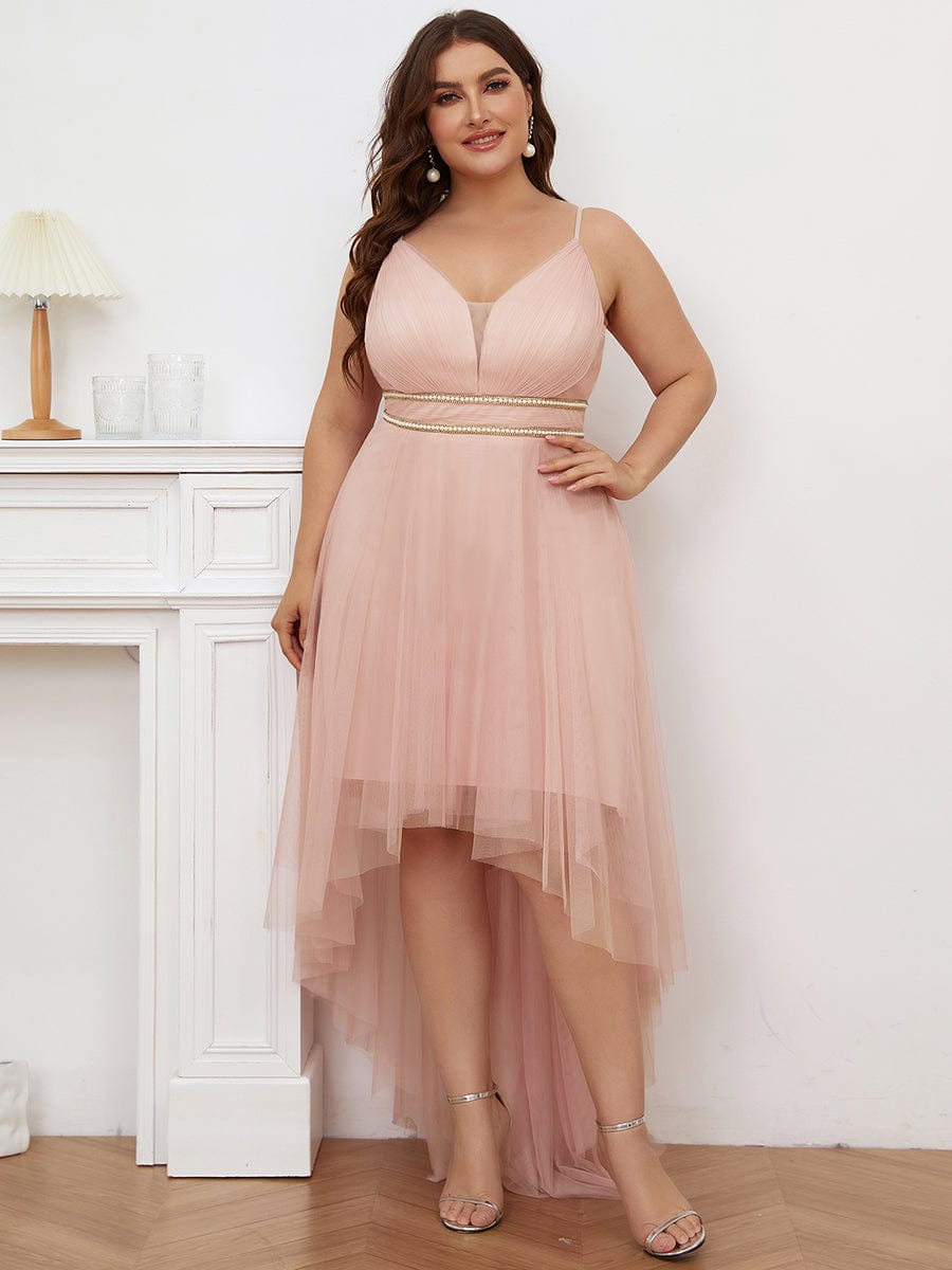 Plus Size Stylish High-Low Tulle Prom Dress with Beaded Belt #color_Pink