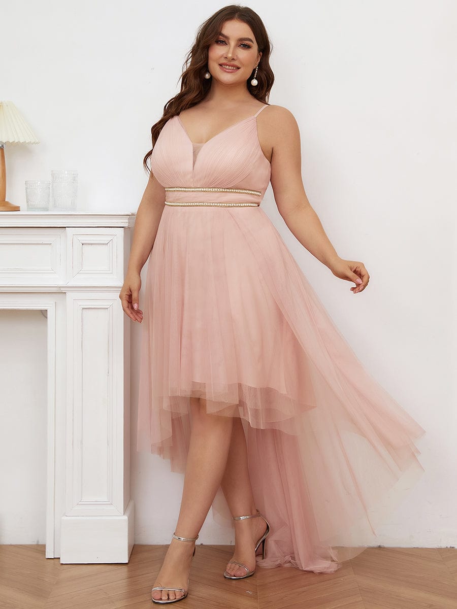 Stylish High-Low Tulle Prom Dress with Beaded Belt #color_Pink