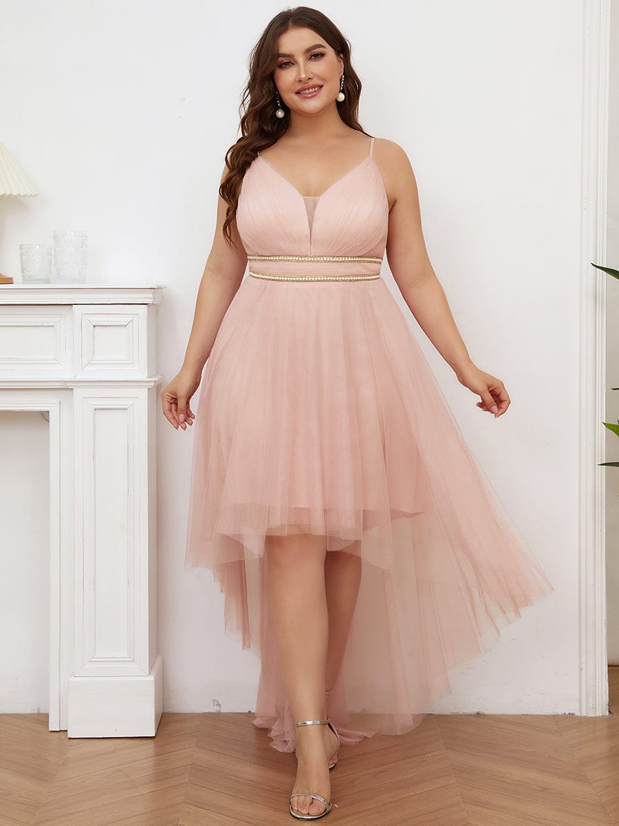 Stylish High-Low Tulle Prom Dress with Beaded Belt #color_Pink