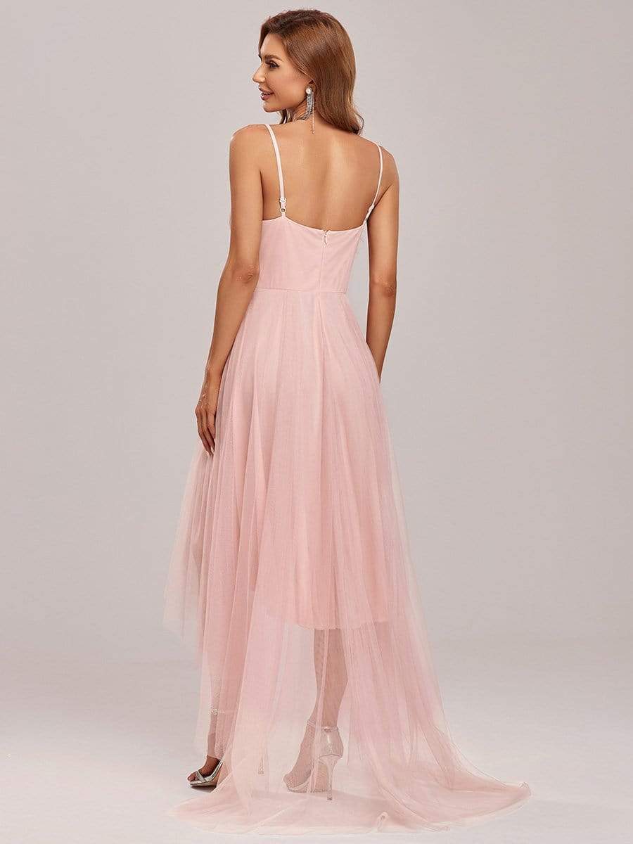 Stylish High-Low Tulle Prom Dress with Beaded Belt #color_Pink