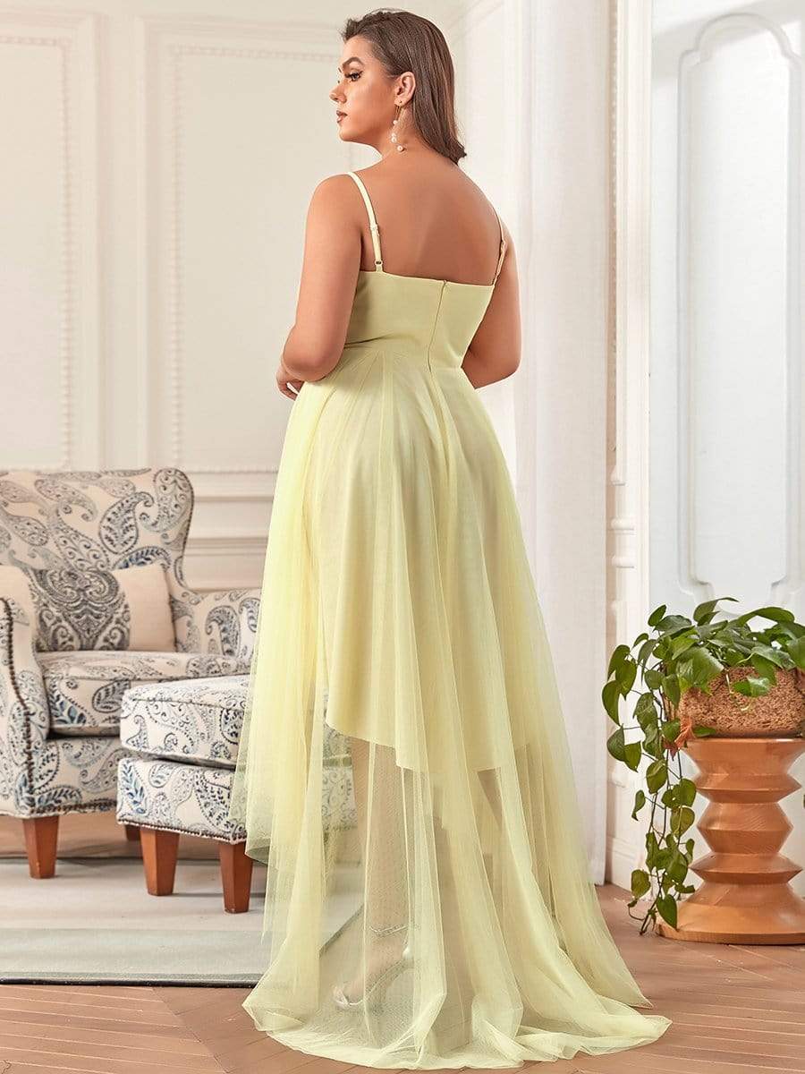 Plus Size Stylish High-Low Tulle Prom Dress with Beaded Belt #color_Yellow