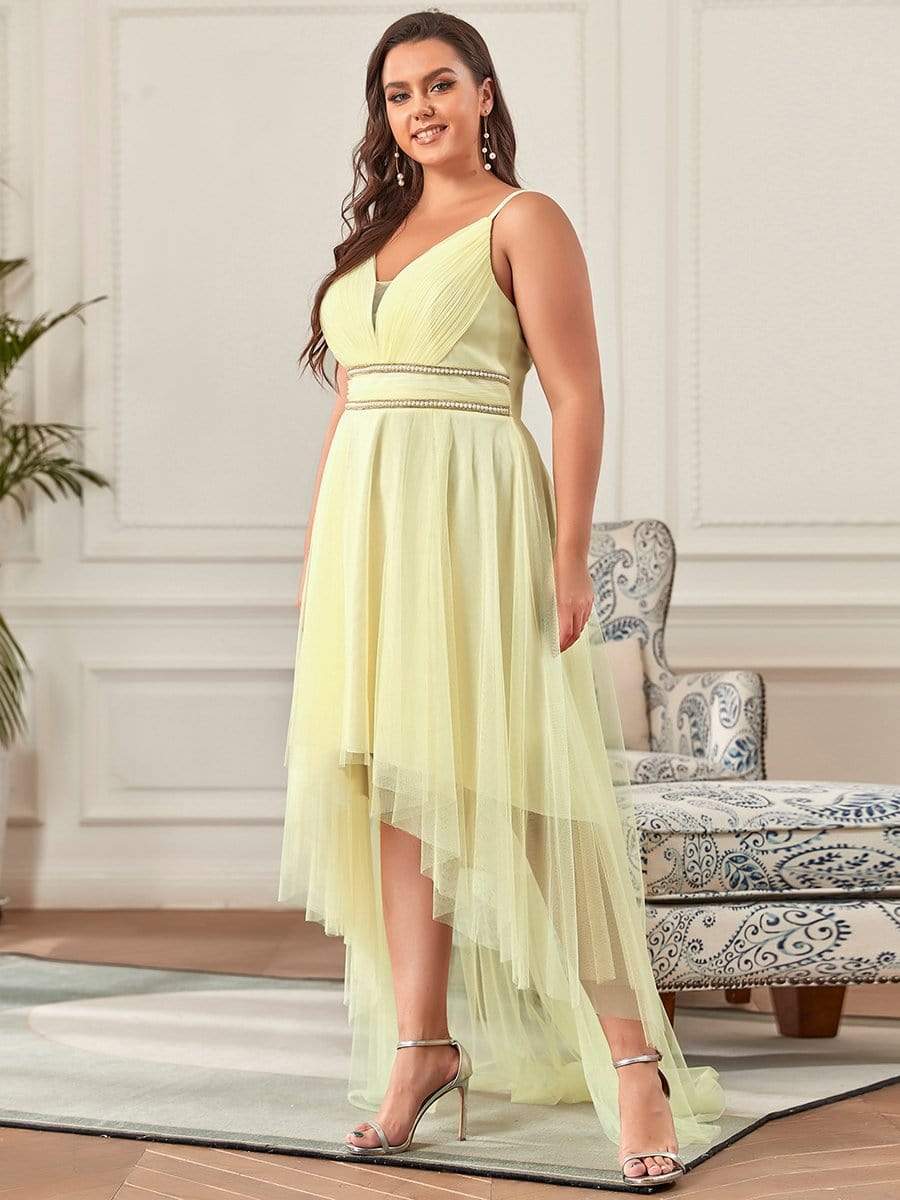 Plus Size Stylish High-Low Tulle Prom Dress with Beaded Belt #color_Yellow