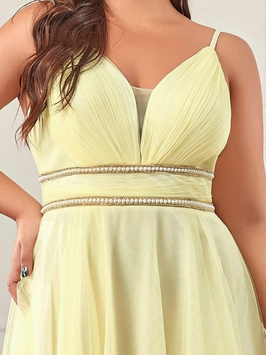 Plus Size Stylish High-Low Tulle Prom Dress with Beaded Belt #color_Yellow