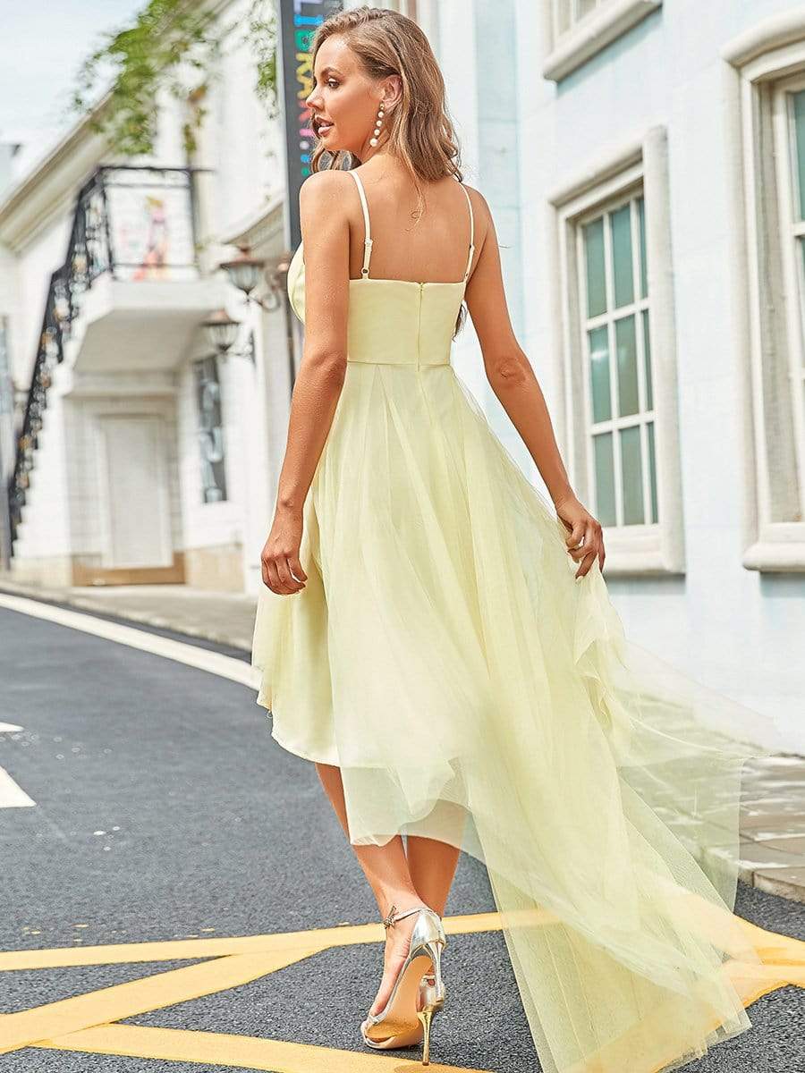 Stylish High-Low Tulle Prom Dress with Beaded Belt #color_Yellow