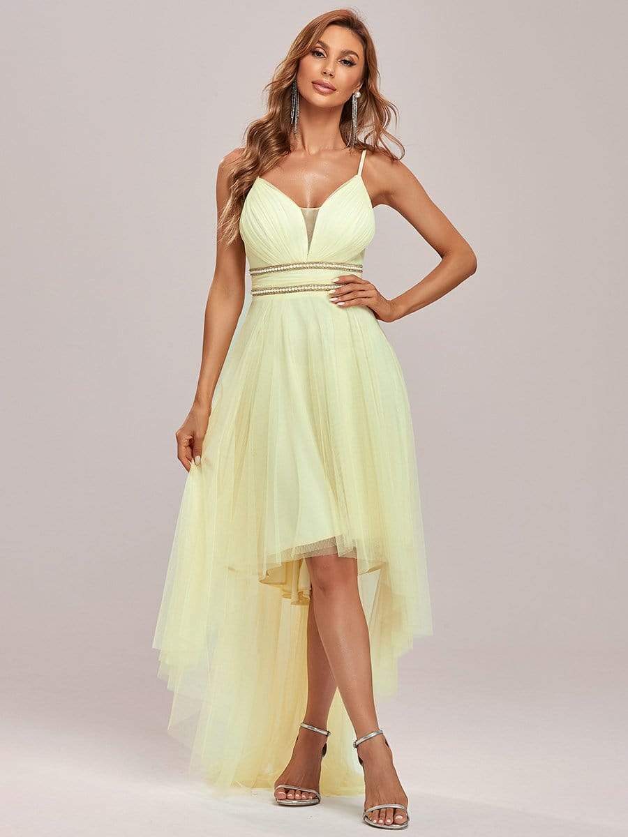 Stylish High-Low Tulle Prom Dress with Beaded Belt #color_Yellow