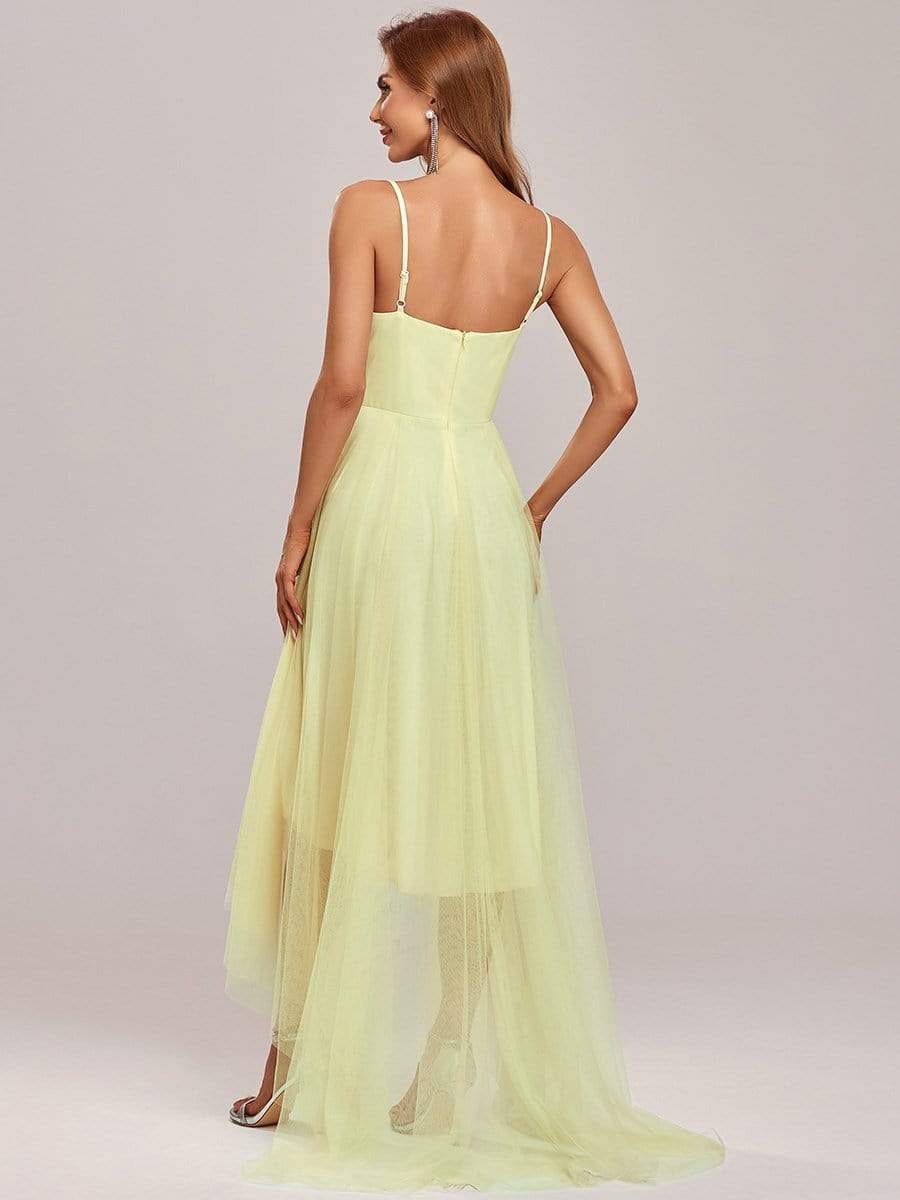 Stylish High-Low Tulle Prom Dress with Beaded Belt #color_Yellow