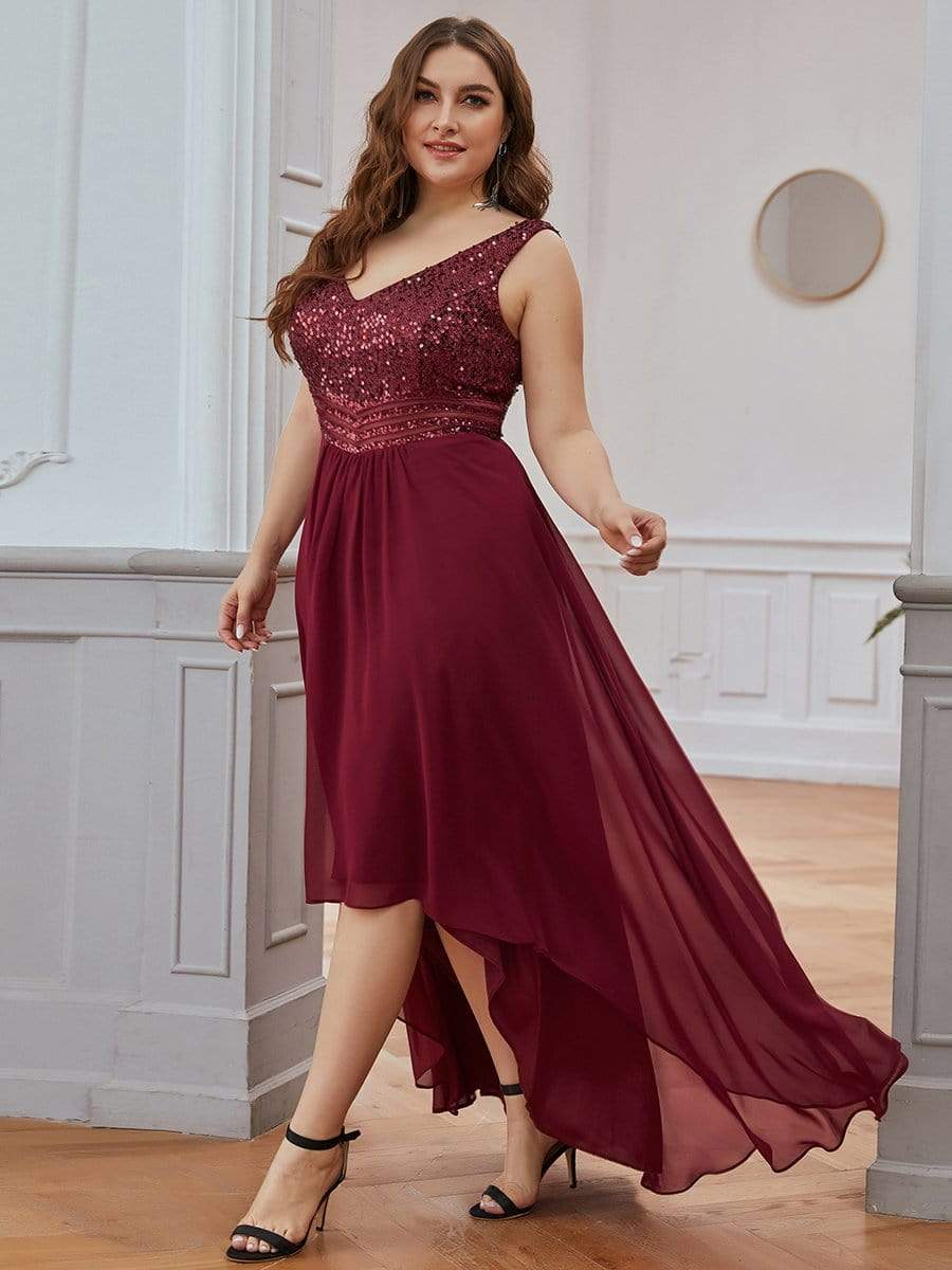 Elegant Paillette & Chiffon V-neck A-line Sleeveless Plus Size Evening Dresses #color_Burgundy