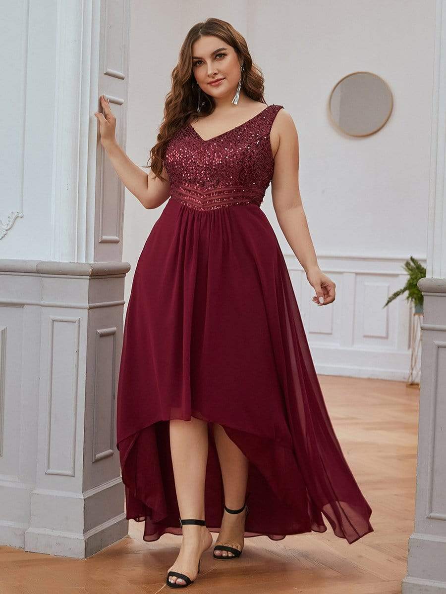 Elegant Paillette & Chiffon V-neck A-line Sleeveless Plus Size Evening Dresses #color_Burgundy