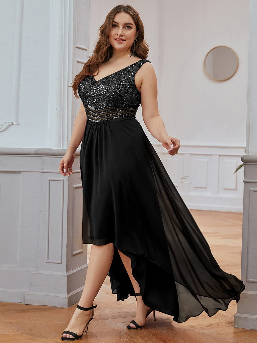 Elegant Paillette & Chiffon V-neck A-line Sleeveless Plus Size Evening Dresses #color_Black