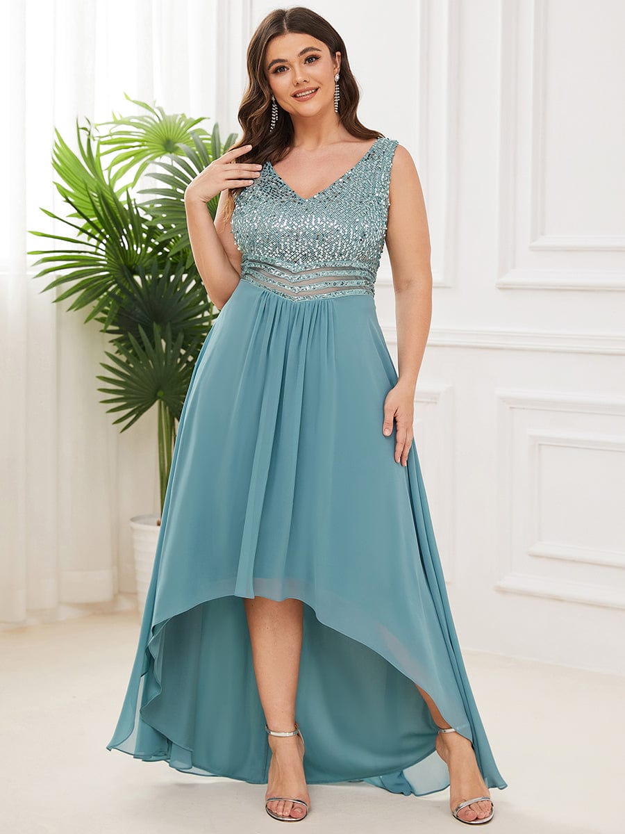 Elegant Paillette & Chiffon V-neck A-line Sleeveless Plus Size Evening Dresses #color_Dusty Blue