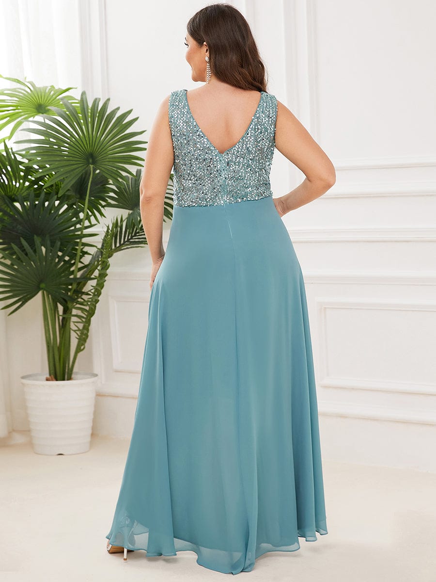 Elegant Paillette & Chiffon V-neck A-line Sleeveless Plus Size Evening Dresses #color_Dusty Blue