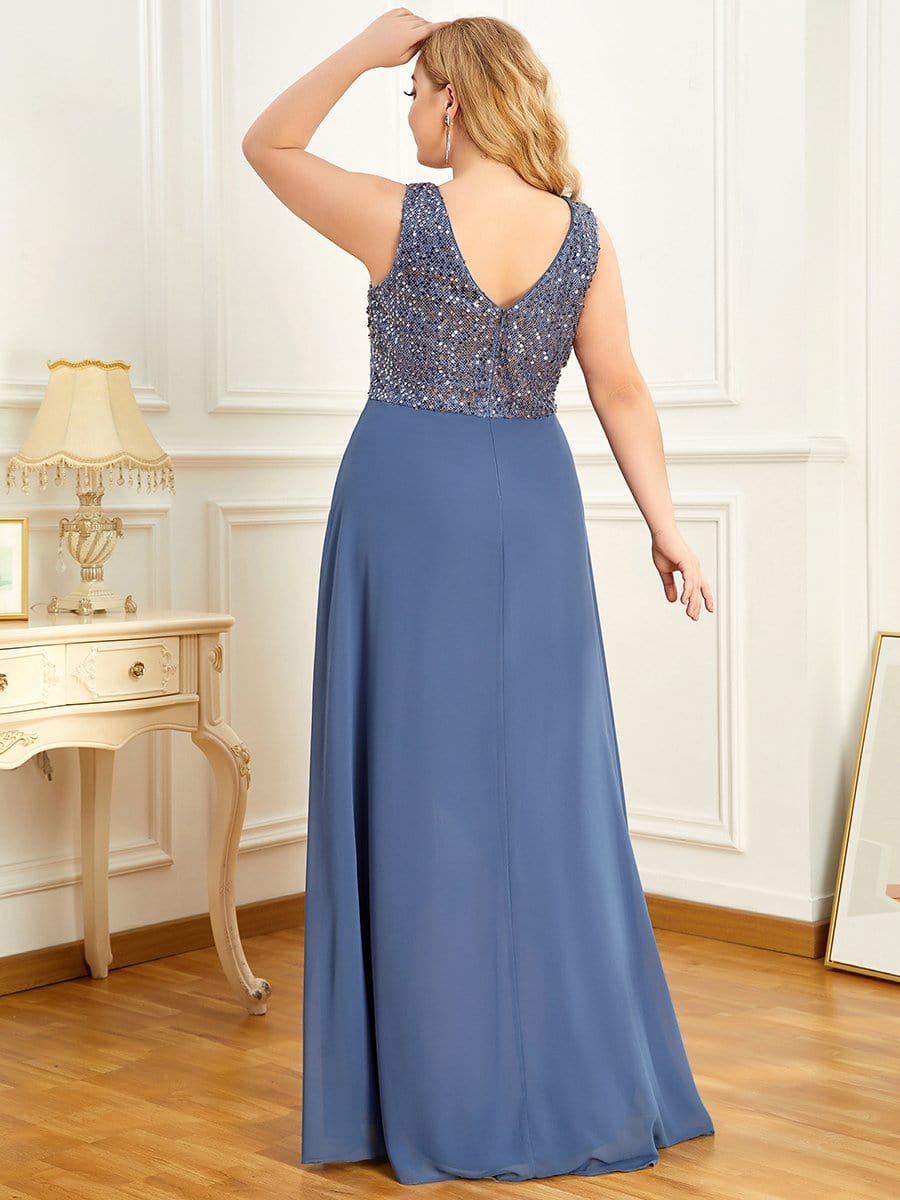 Elegant Paillette & Chiffon V-neck A-line Sleeveless Plus Size Evening Dresses #color_Dusty Navy