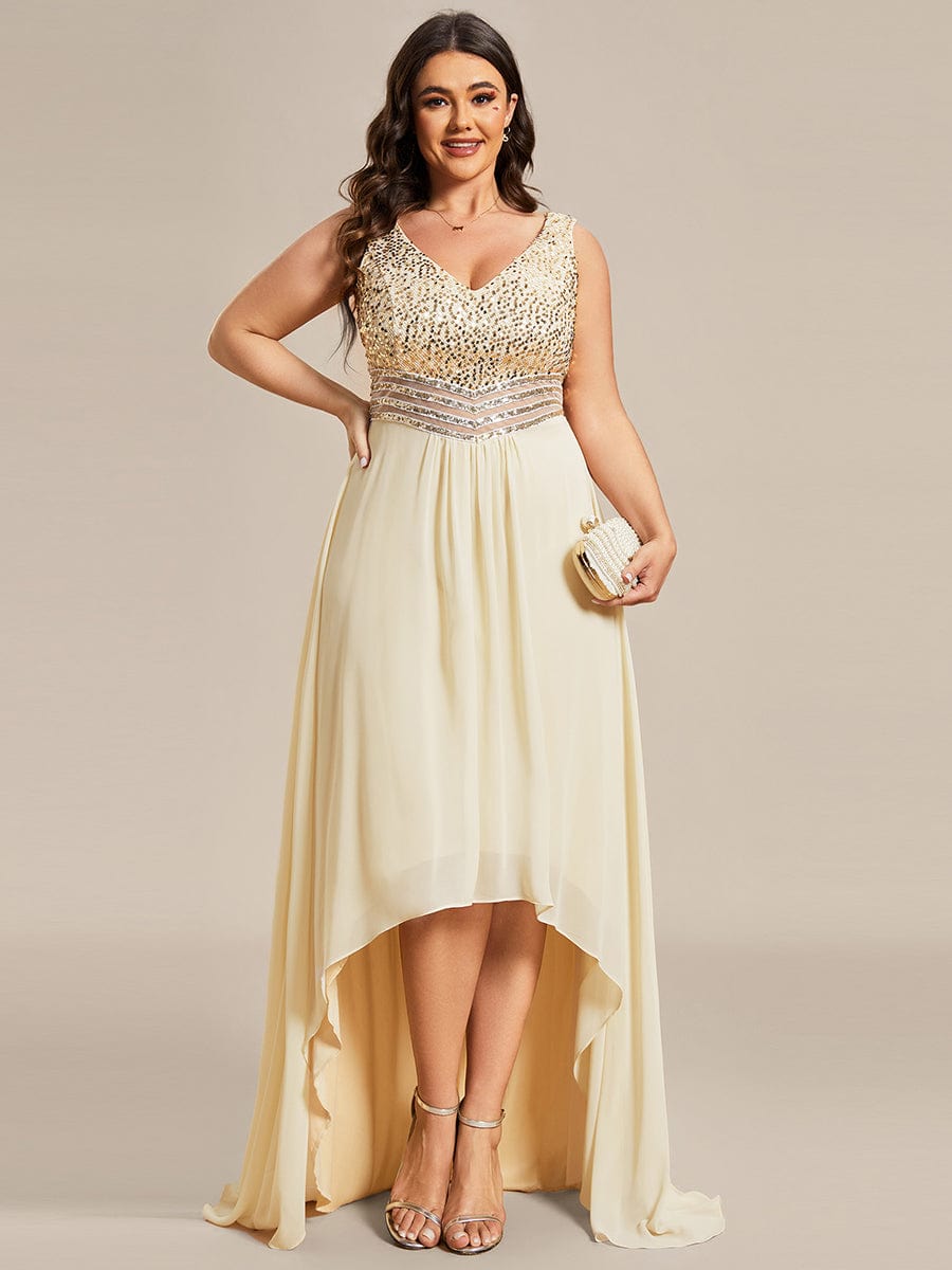 Elegant Paillette & Chiffon V-neck A-line Sleeveless Plus Size Evening Dresses #color_Gold