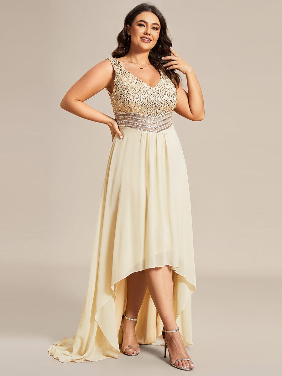 Elegant Paillette & Chiffon V-neck A-line Sleeveless Plus Size Evening Dresses #color_Gold