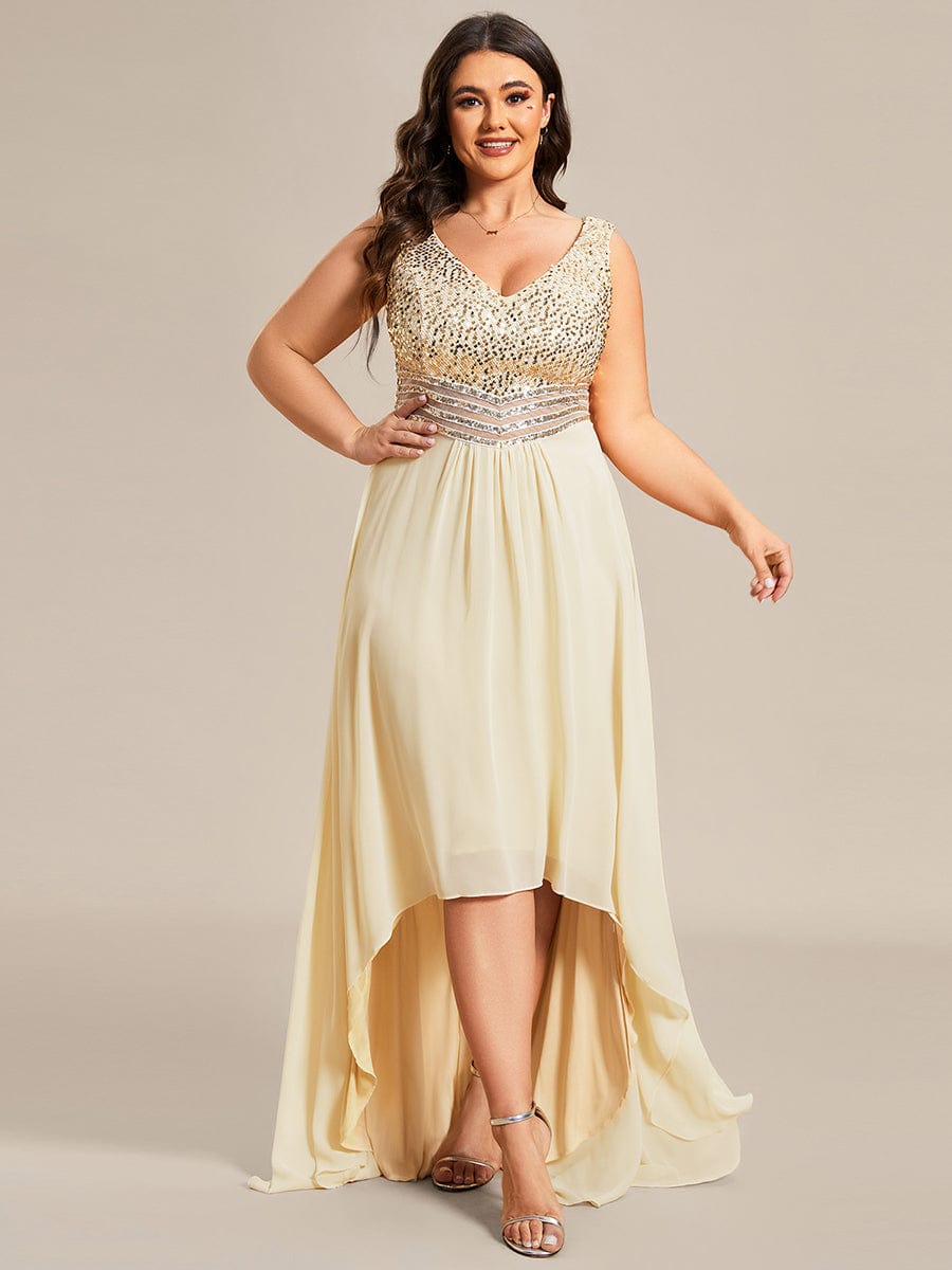 Sexy High-Low Maxi Chiffon Evening Dresses with Sequin #color_Gold