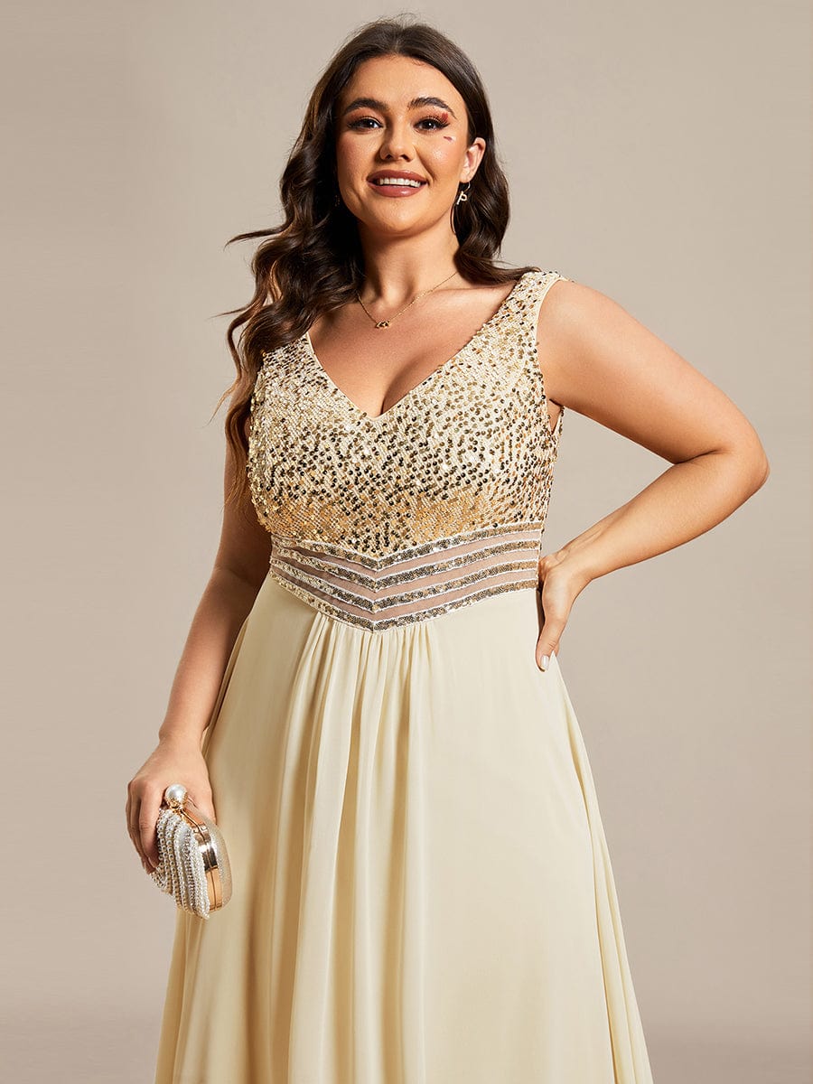 Elegant Paillette & Chiffon V-neck A-line Sleeveless Plus Size Evening Dresses #color_Gold