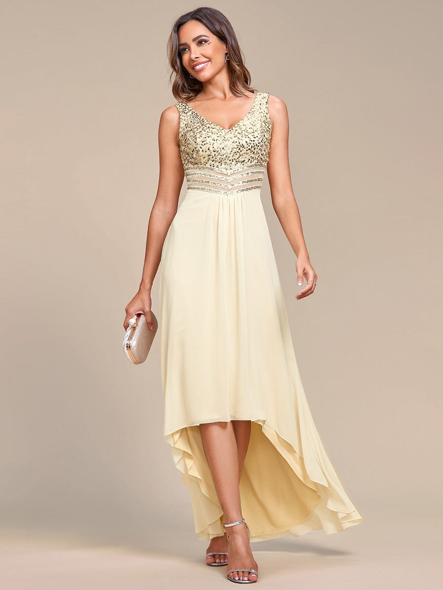 Sexy High-Low Maxi Chiffon Evening Dresses with Sequin #color_Gold
