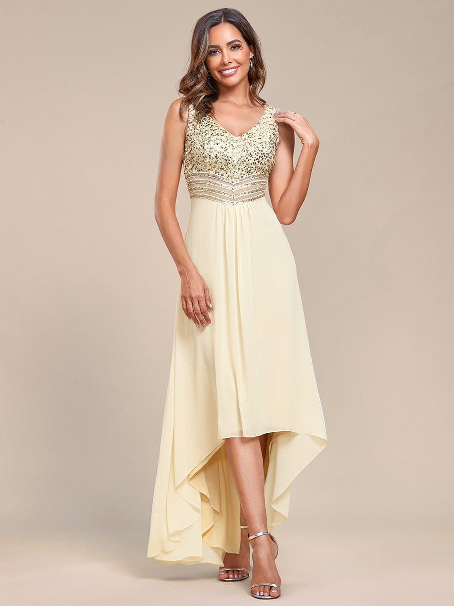 Sexy High-Low Maxi Chiffon Evening Dresses with Sequin #color_Gold