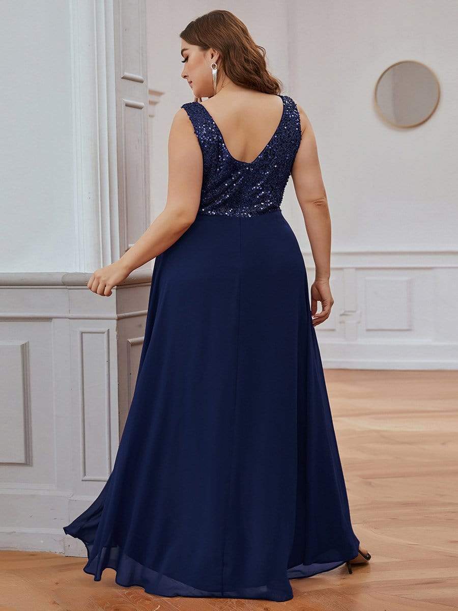 Elegant Paillette & Chiffon V-neck A-line Sleeveless Plus Size Evening Dresses #color_Navy Blue