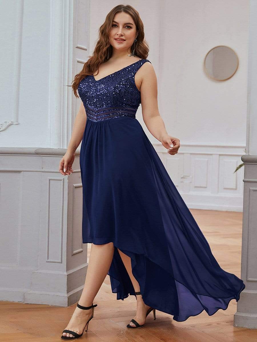 Elegant Paillette & Chiffon V-neck A-line Sleeveless Plus Size Evening Dresses #color_Navy Blue