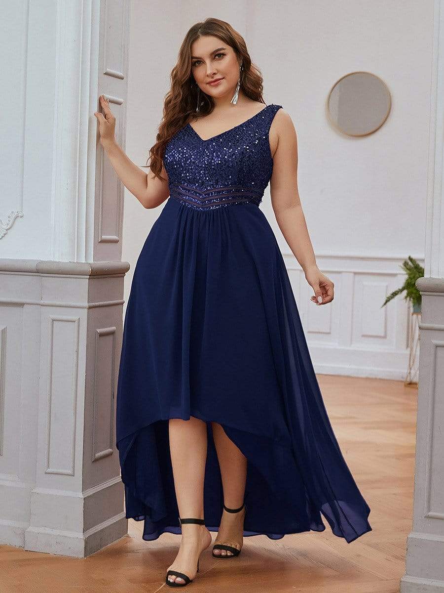 Elegant Paillette & Chiffon V-neck A-line Sleeveless Plus Size Evening Dresses #color_Navy Blue