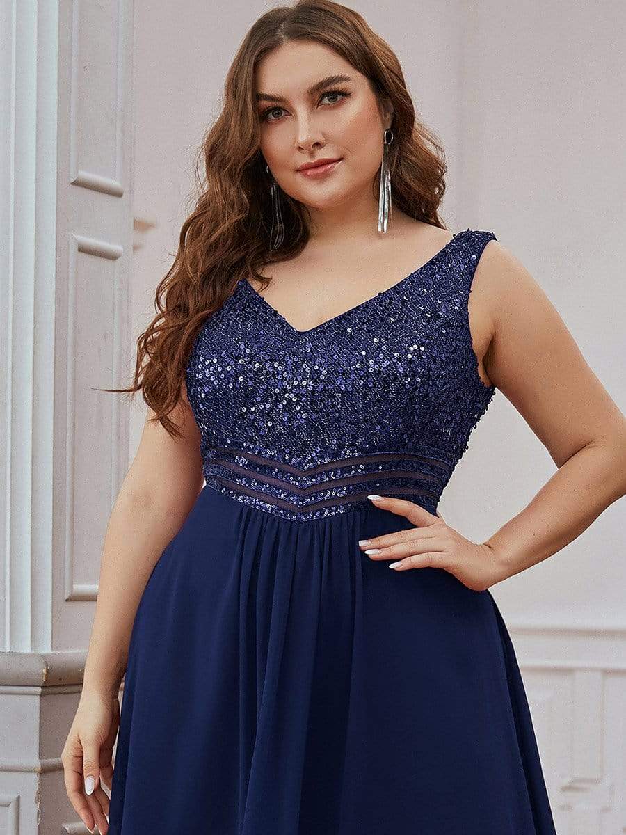 Elegant Paillette & Chiffon V-neck A-line Sleeveless Plus Size Evening Dresses #color_Navy Blue