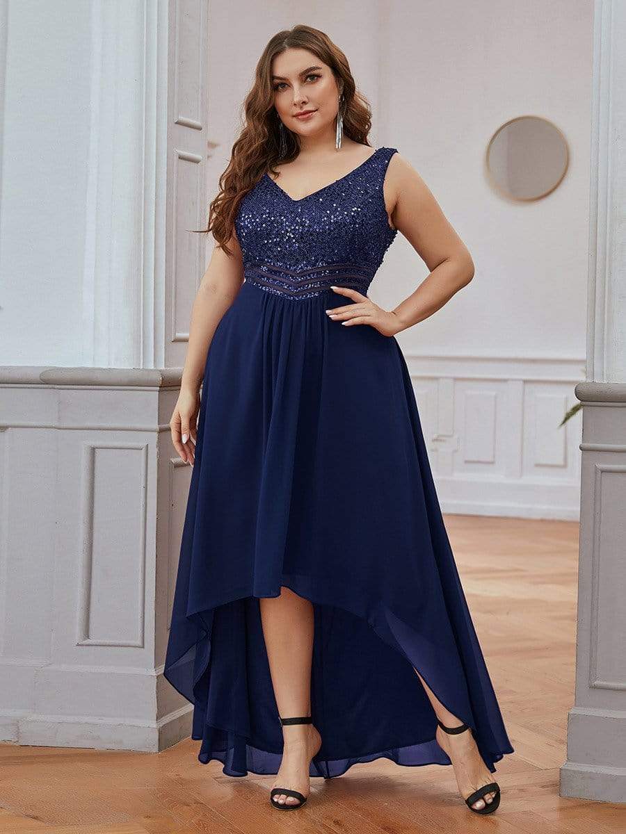 Elegant Paillette & Chiffon V-neck A-line Sleeveless Plus Size Evening Dresses #color_Navy Blue