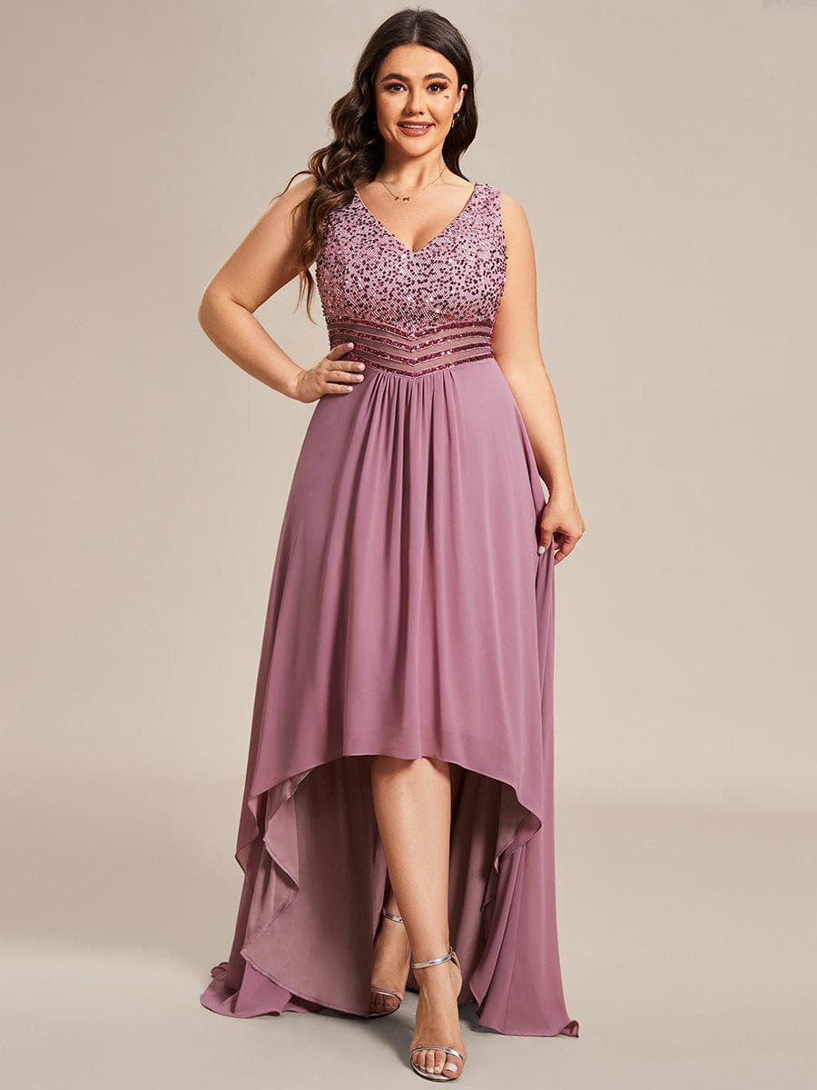 Elegant Paillette & Chiffon V-neck A-line Sleeveless Plus Size Evening Dresses #color_Purple Orchid