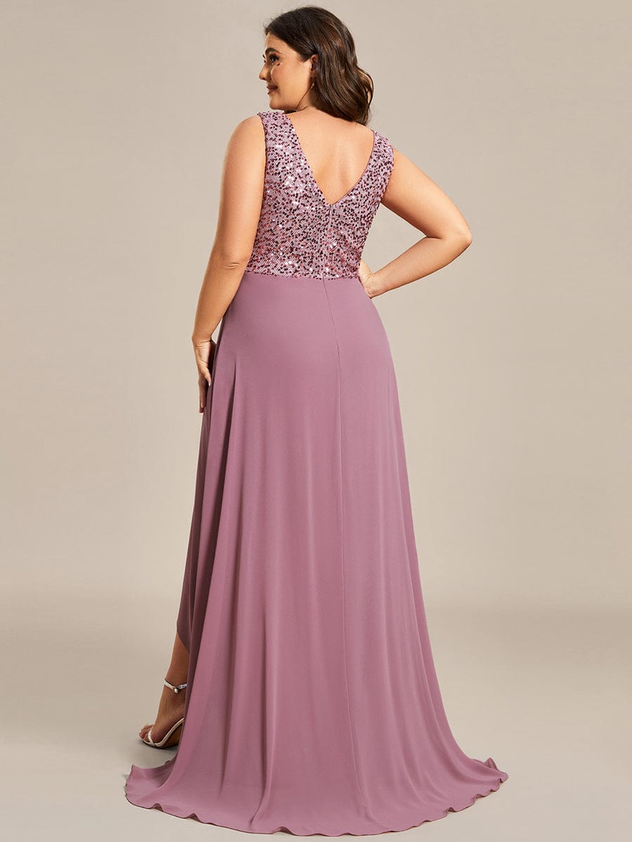 Elegant Paillette & Chiffon V-neck A-line Sleeveless Plus Size Evening Dresses #color_Purple Orchid