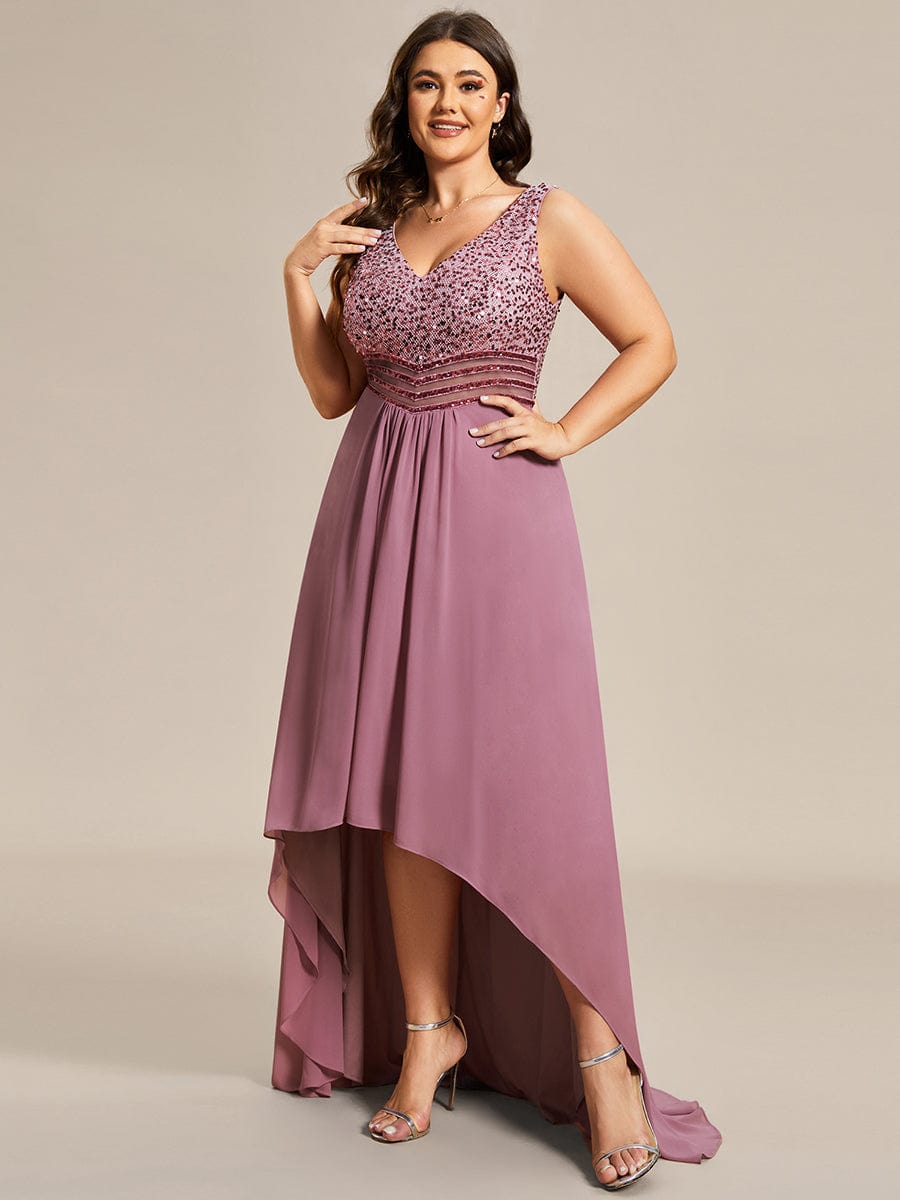 Elegant Paillette & Chiffon V-neck A-line Sleeveless Plus Size Evening Dresses #color_Purple Orchid