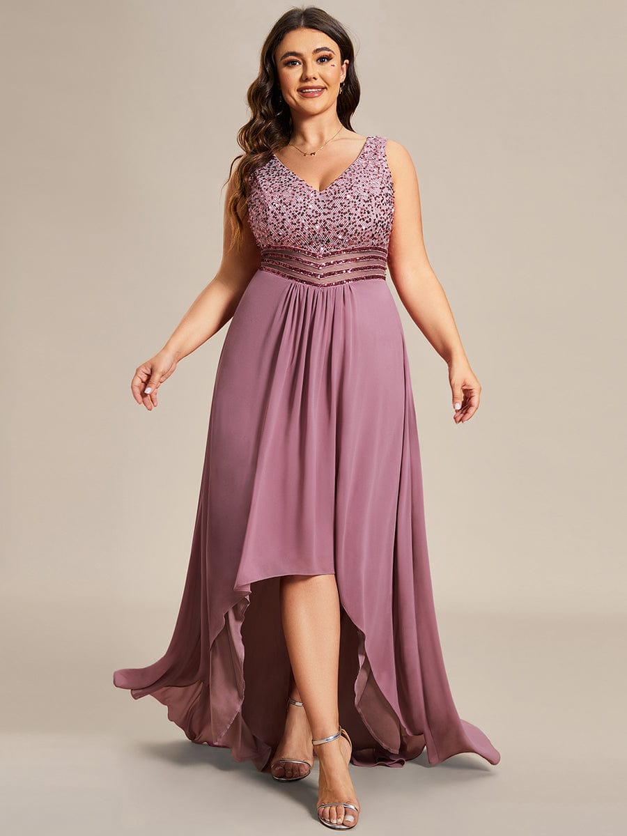 Elegant Paillette Chiffon V neck A line Sleeveless Plus Size Evening Dresses