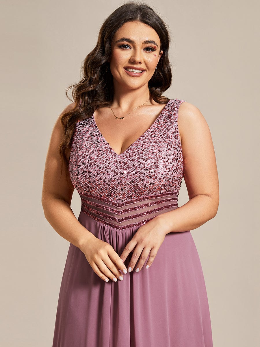 Elegant Paillette & Chiffon V-neck A-line Sleeveless Plus Size Evening Dresses #color_Purple Orchid