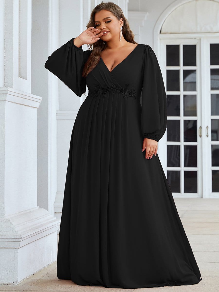 Stylish Chiffon Plus Size Evening Dresses with Long Lantern Sleeves #color_Black