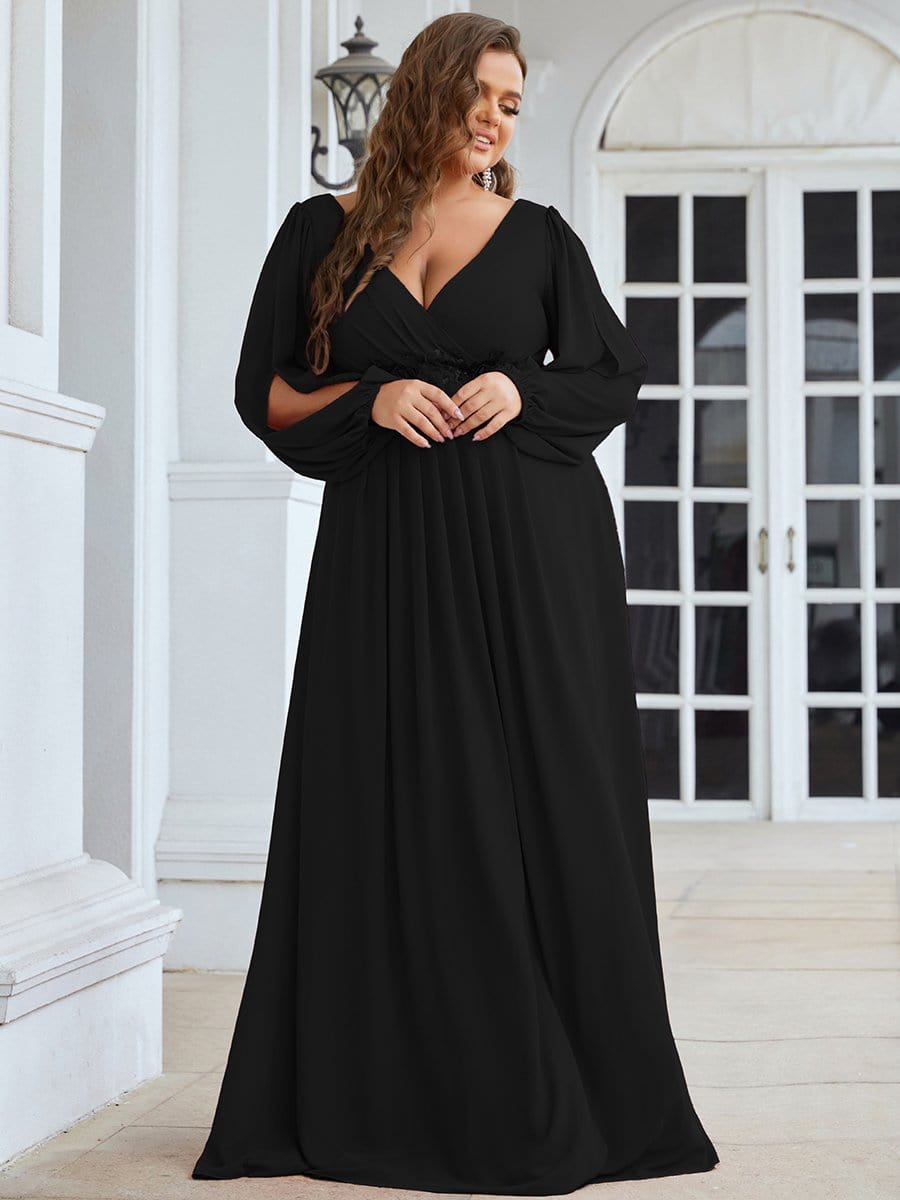 Stylish Chiffon Plus Size Evening Dresses with Long Lantern Sleeves #color_Black