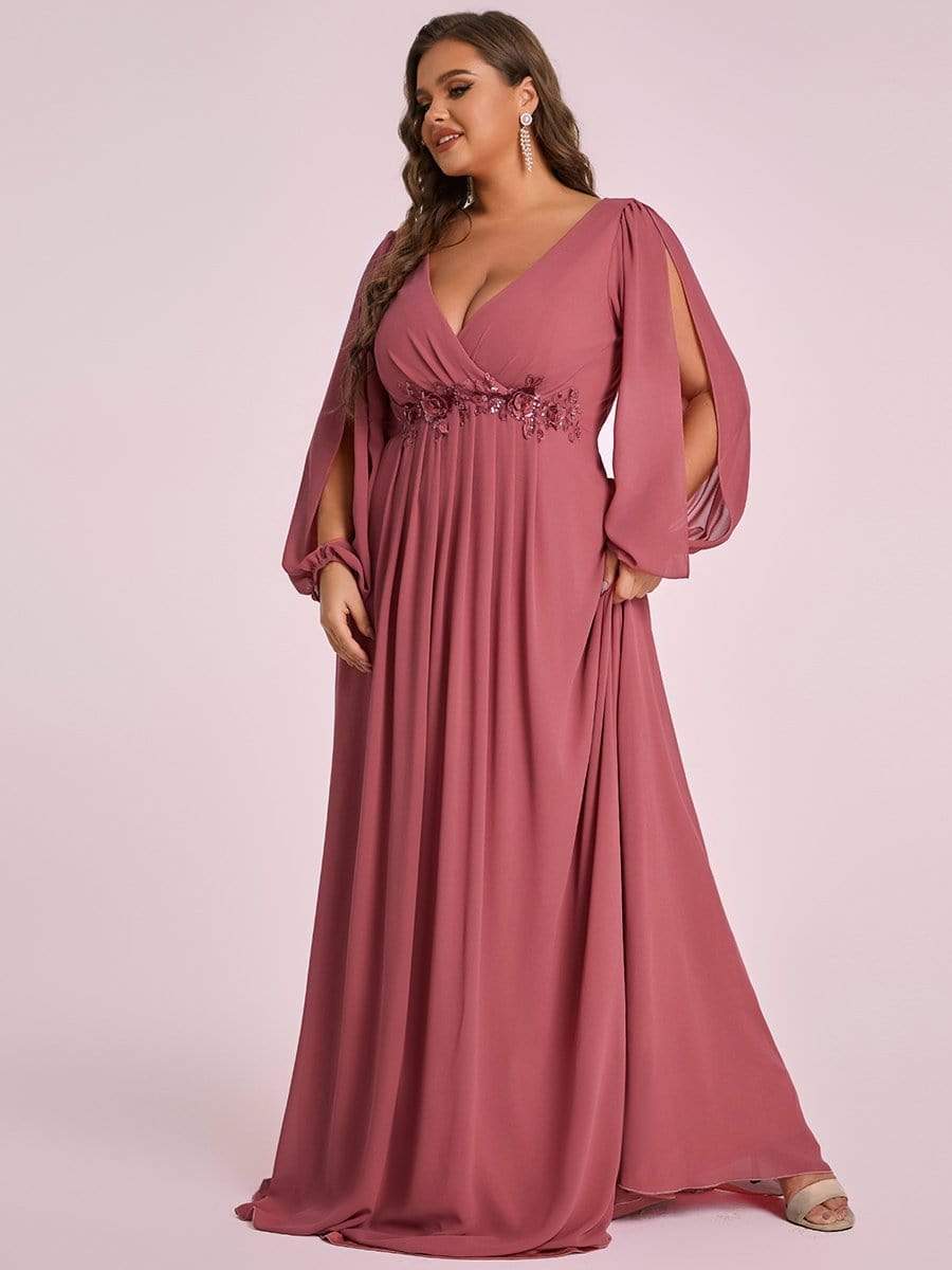 Stylish Chiffon Plus Size Evening Dresses with Long Lantern Sleeves #color_Cameo Brown