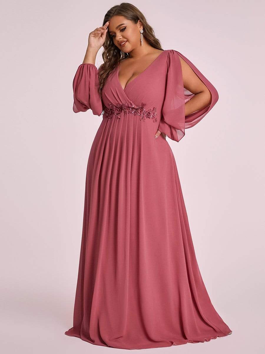 Stylish Chiffon Plus Size Evening Dresses with Long Lantern Sleeves #color_Cameo Brown