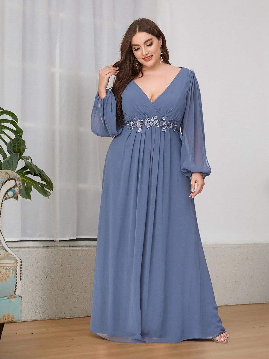 Stylish Chiffon Plus Size Evening Dresses with Long Lantern Sleeves #color_Dusty Navy