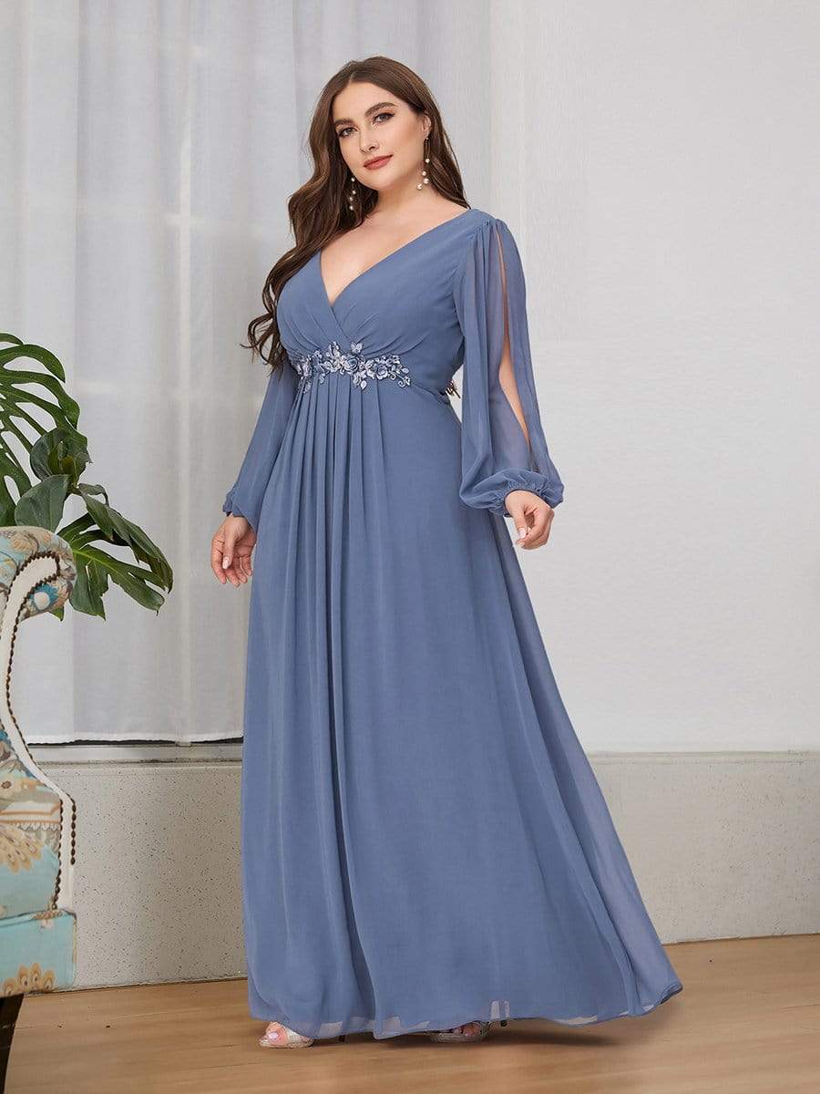 Stylish Chiffon Plus Size Evening Dresses with Long Lantern Sleeves #color_Dusty Navy