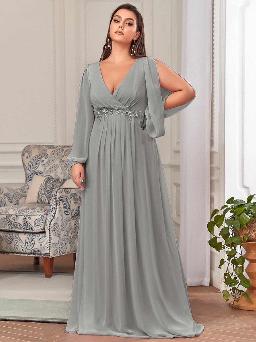 Stylish Chiffon Plus Size Evening Dresses with Long Lantern Sleeves #color_Grey