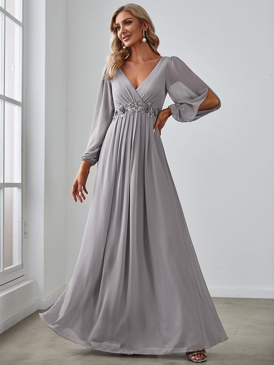 Custom Size Lantern Long Slit Sleeve Deep V Applique Maxi Evening Dress #color_Grey