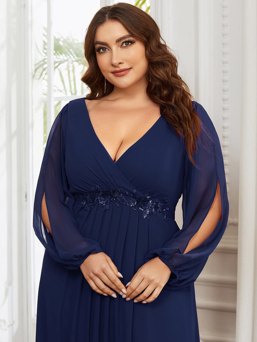 Stylish Chiffon Plus Size Evening Dresses with Long Lantern Sleeves #color_Navy Blue