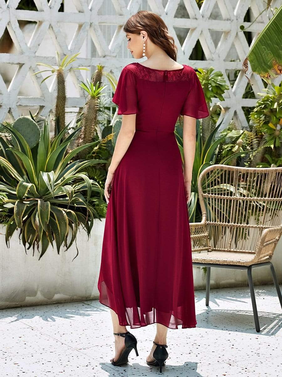 Women's Casual Boat Neck A-Line Midi Dress with Irregular Hem #color_Burgundy