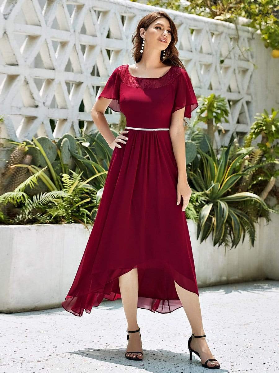 Women's Casual Boat Neck A-Line Midi Dress with Irregular Hem #color_Burgundy